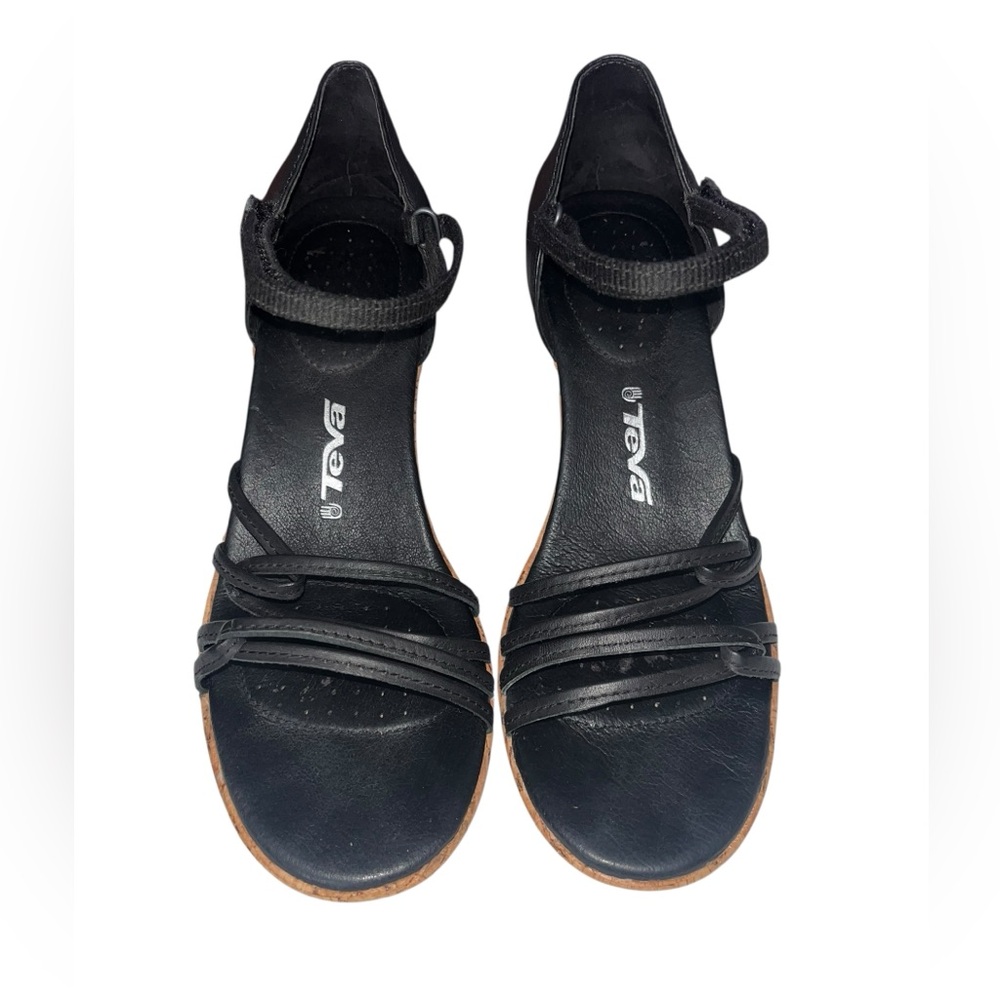 ⛰️🏝️Teva Riviera Wedge Strappy Black Leather Sandal Size 8 NWOB - Picture 2 of 9
